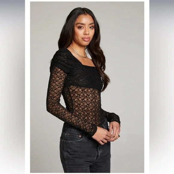 CHASER Black Long Sleeve Stretch Lace Off Shoulder Body Suit - Picture 2 of 9